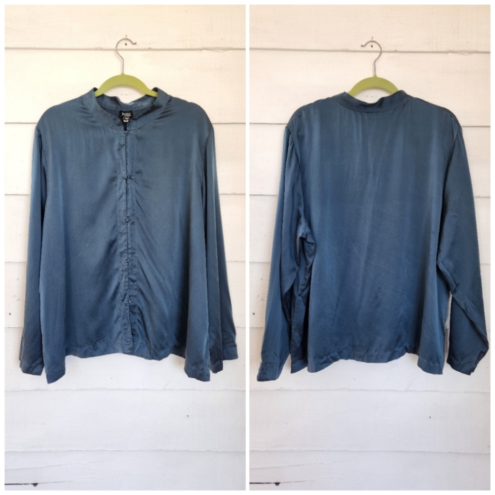 EILEEN FISHER 100% SILK Button Down Shirt Blouse Long Sleeves Mandarin Collar 2X